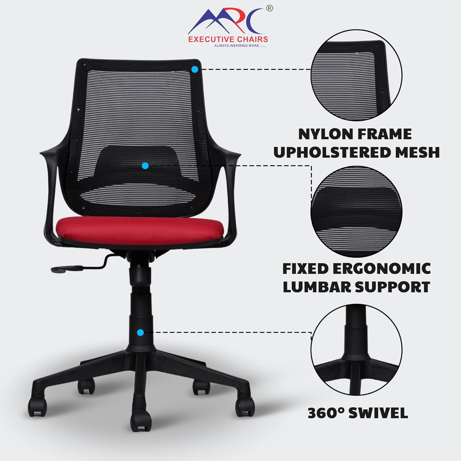 MRC Mono Revolving Ergonomic Office Chair | Breathable Mesh & Study–Lumbar Support with Heavy Duty Nylon Base - MRC Executive Chairs