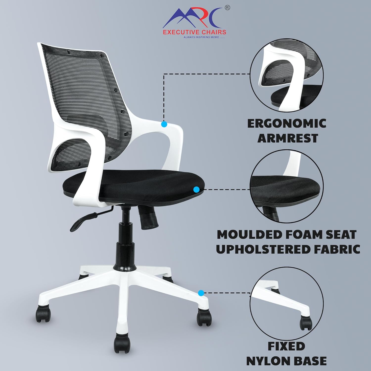 MRC Mono Revolving Ergonomic Office Chair | Breathable Mesh & Study–Lumbar Support with Heavy Duty Nylon Base - MRC Executive Chairs
