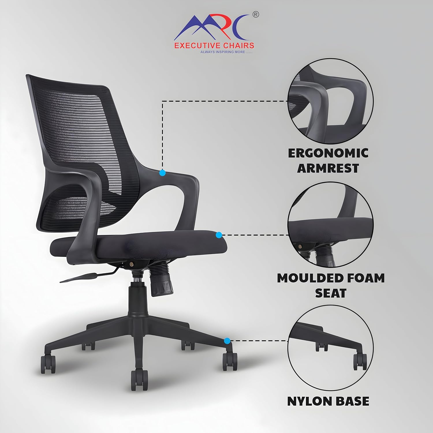 MRC Mono Revolving Ergonomic Office Chair | Breathable Mesh & Study–Lumbar Support with Heavy Duty Nylon Base - MRC Executive Chairs