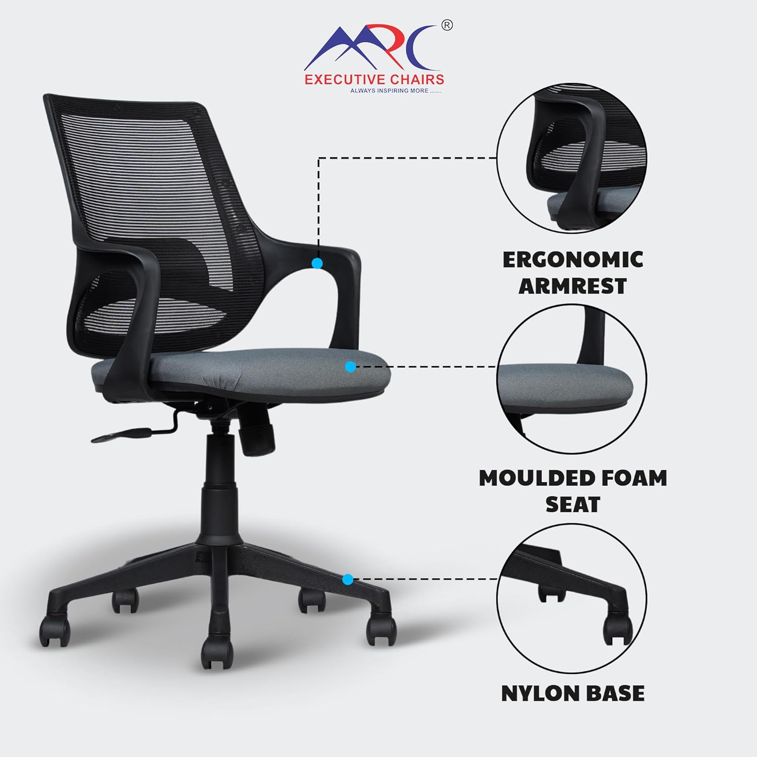 MRC Mono Revolving Ergonomic Office Chair | Breathable Mesh & Study–Lumbar Support with Heavy Duty Nylon Base - MRC Executive Chairs