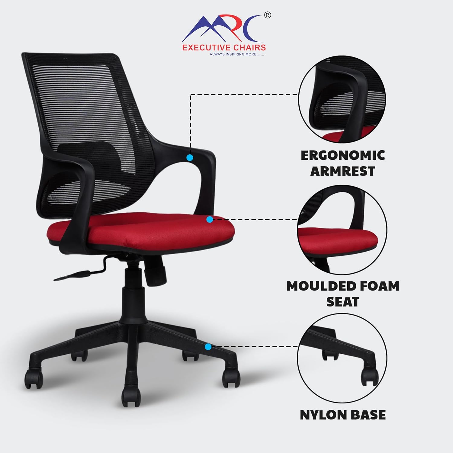 MRC Mono Revolving Ergonomic Office Chair | Breathable Mesh & Study–Lumbar Support with Heavy Duty Nylon Base - MRC Executive Chairs