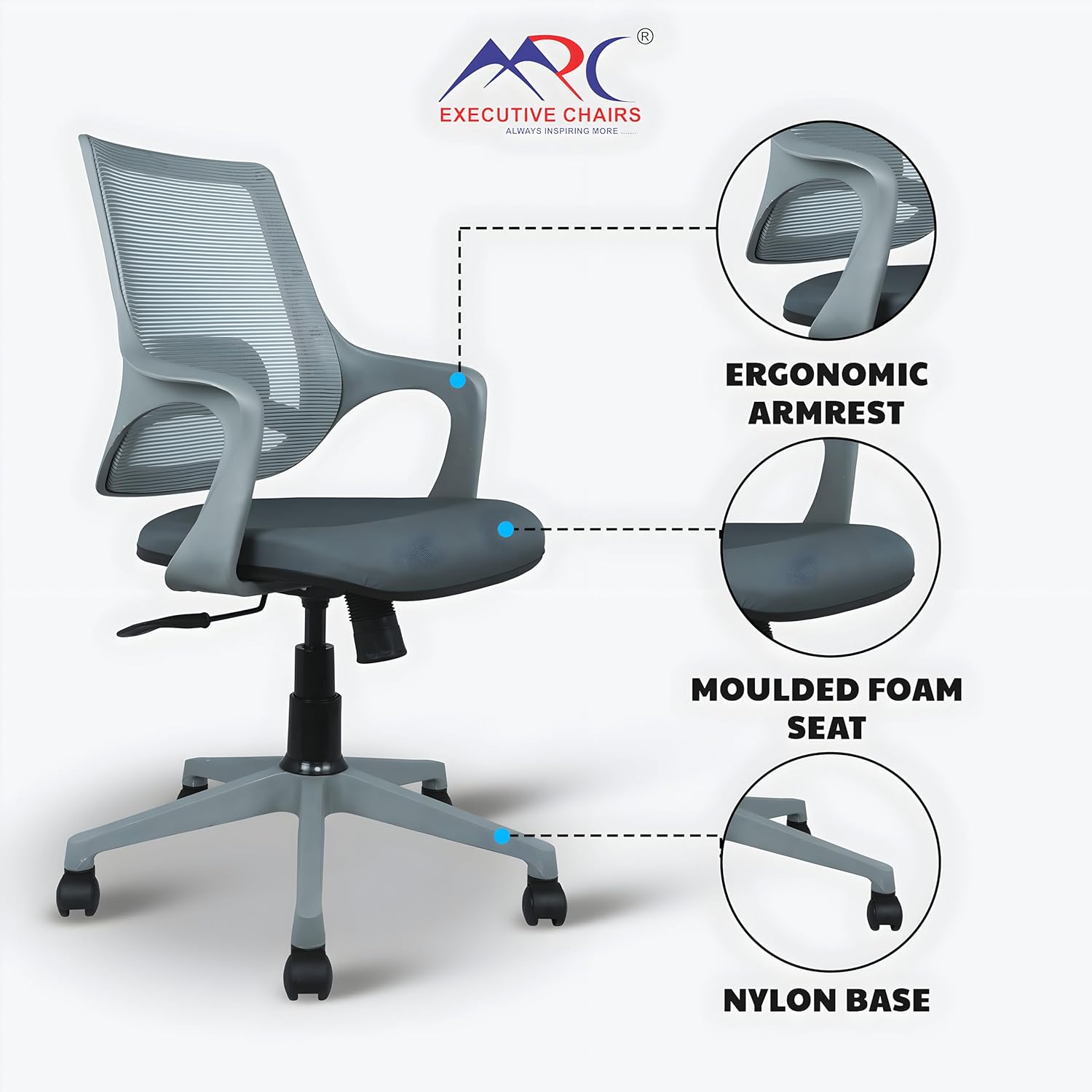 MRC Mono Revolving Ergonomic Office Chair | Breathable Mesh & Study–Lumbar Support with Heavy Duty Nylon Base - MRC Executive Chairs