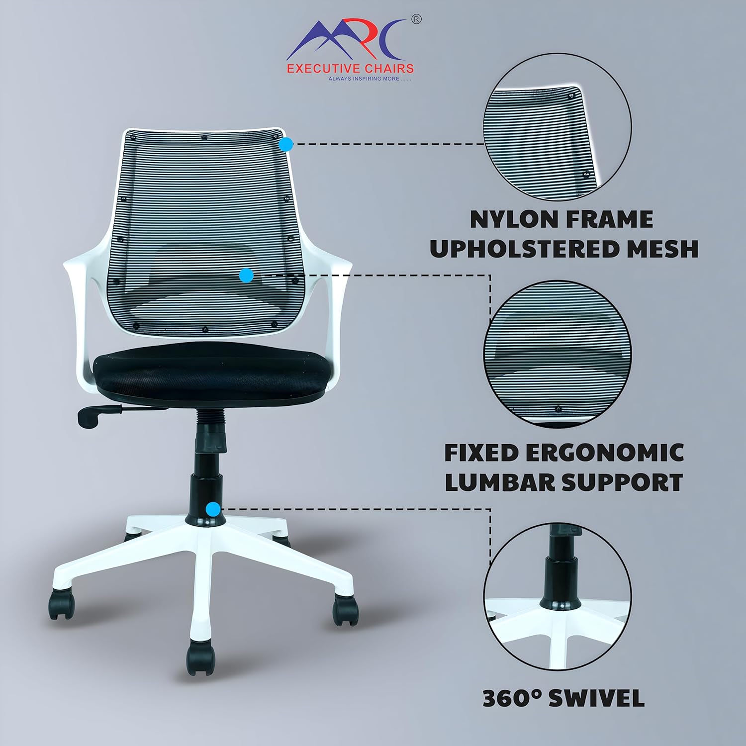 MRC Mono Revolving Ergonomic Office Chair | Breathable Mesh & Study–Lumbar Support with Heavy Duty Nylon Base - MRC Executive Chairs