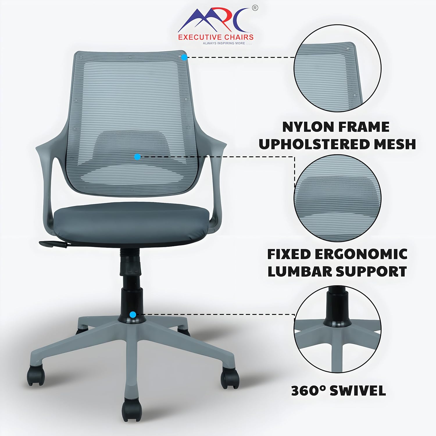 MRC Mono Revolving Ergonomic Office Chair | Breathable Mesh & Study–Lumbar Support with Heavy Duty Nylon Base - MRC Executive Chairs