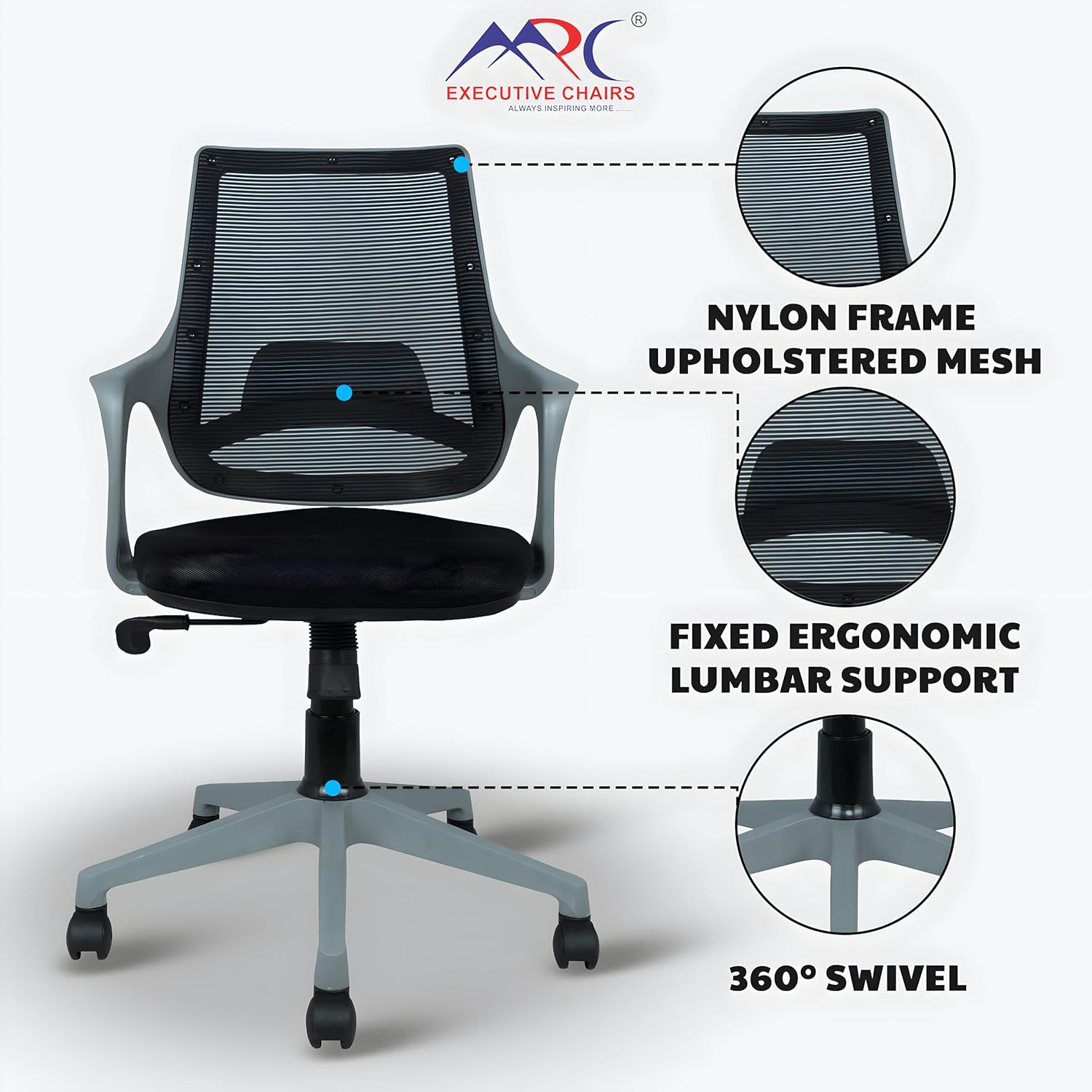 MRC Mono Revolving Ergonomic Office Chair | Breathable Mesh & Study–Lumbar Support with Heavy Duty Nylon Base - MRC Executive Chairs