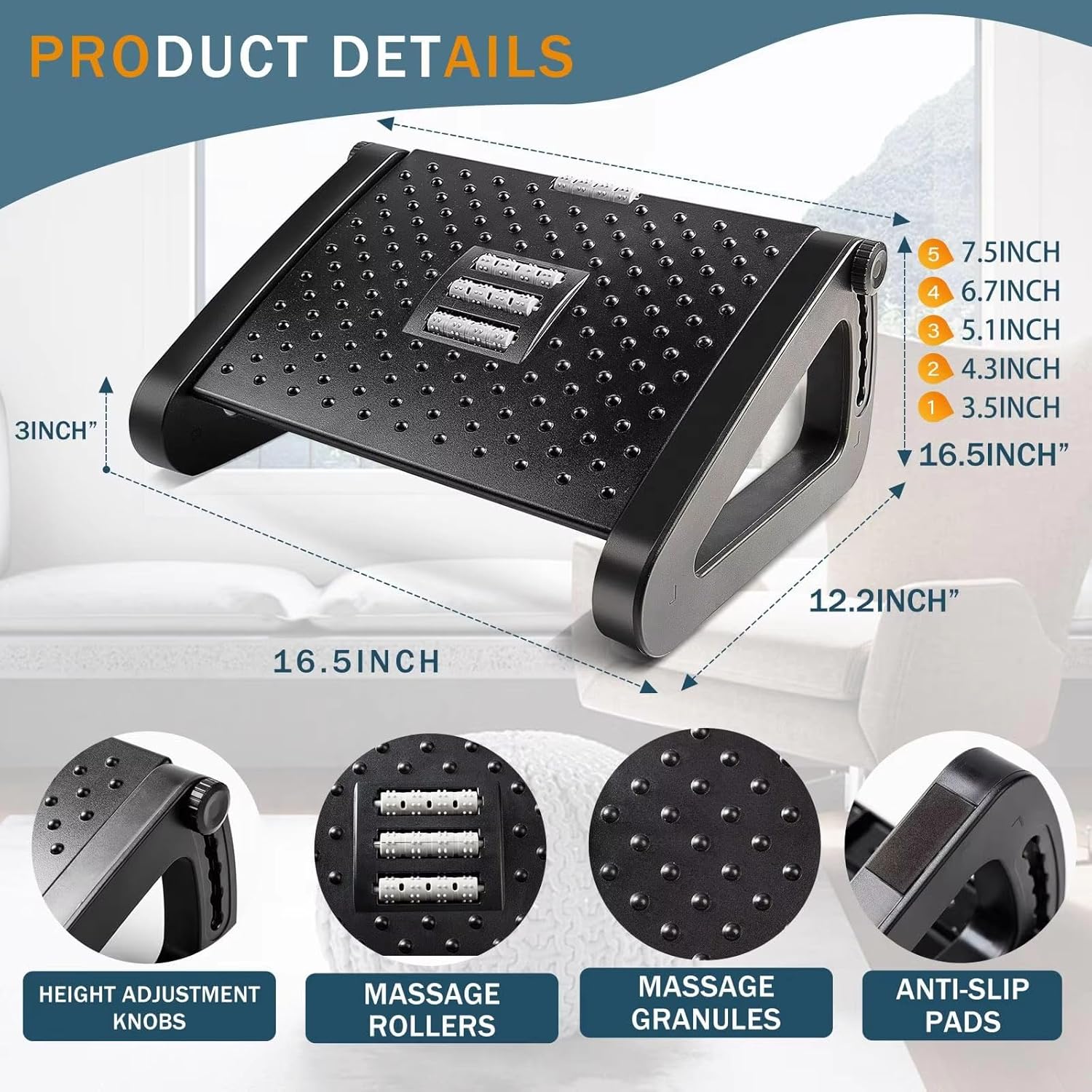 MRC Adjustable Foot Rest for Office Chair with Acupressure Points and Roller | Ergonomic Footrest for Office Desk with 6 Heights - MRC Executive Chairs