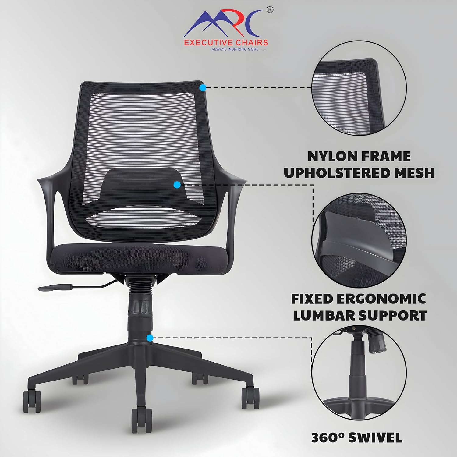 MRC Mono Revolving Ergonomic Office Chair | Breathable Mesh & Study–Lumbar Support with Heavy Duty Nylon Base - MRC Executive Chairs