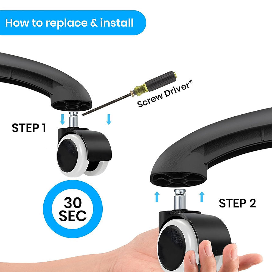 50MM Black & White Wheels | Heavy-Duty Replacement Casters with 250 kg Load Capacity for Smooth & Silent Rolling | Chair Accessories - MRC Executive Chairs