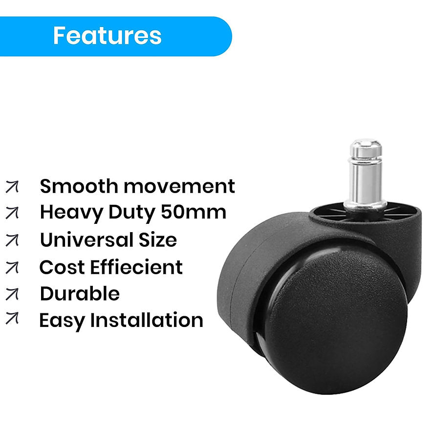 50MM Black & White Wheels | Heavy-Duty Replacement Casters with 250 kg Load Capacity for Smooth & Silent Rolling | Chair Accessories - MRC Executive Chairs