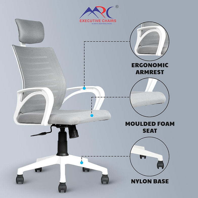 MRC Boom High-Back Office Chair | Ergonomic Desk Office Chair with Adjustable Head Rest and Revolving Heavy Duty Nylon Base - MRC Executive Chairs