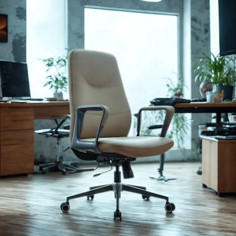 MRC Tesla MId-Back Premium leatherette Executive Chair Ergonomic Leather Office Boss Chairdesigned to elevate your workspace with its regal silhouette and plush beige leather finish. Featuring a high backrest with integrated headrest, contoured armrests, and a sturdy chrome base with smooth casters, this executive throne blends luxury with ergonomic support
