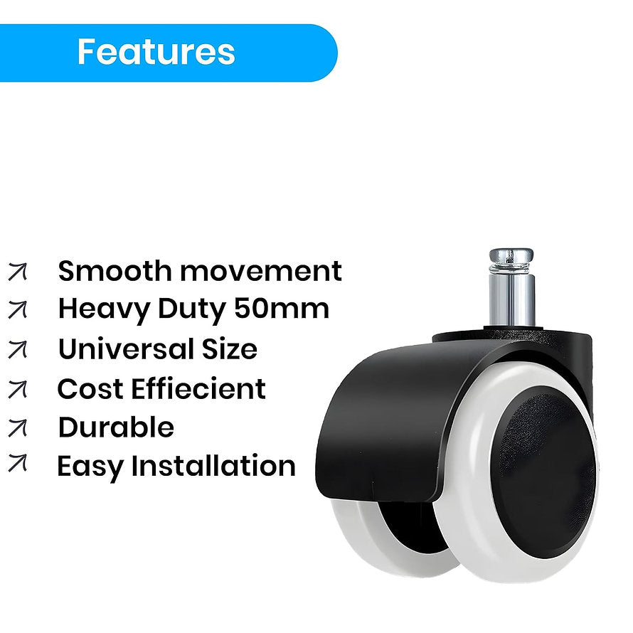 50MM Black & White Wheels | Heavy-Duty Replacement Casters with 250 kg Load Capacity for Smooth & Silent Rolling | Chair Accessories - MRC Executive Chairs