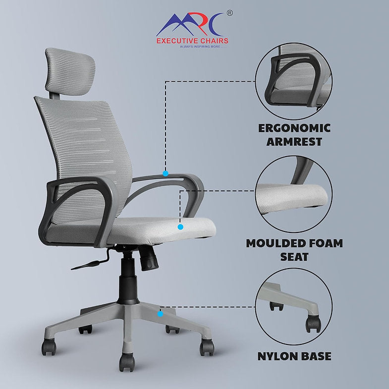MRC Boom High-Back Office Chair | Ergonomic Desk Office Chair with Adjustable Head Rest and Revolving Heavy Duty Nylon Base - MRC Executive Chairs