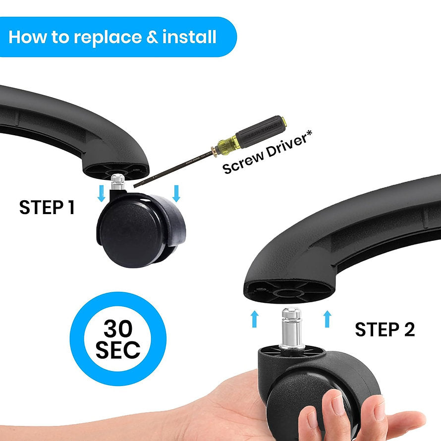 60MM Black Wheels | Heavy-Duty Replacement Casters with 250 kg Load Capacity for Smooth & Silent Rolling | Chair Accessories - MRC Executive Chairs