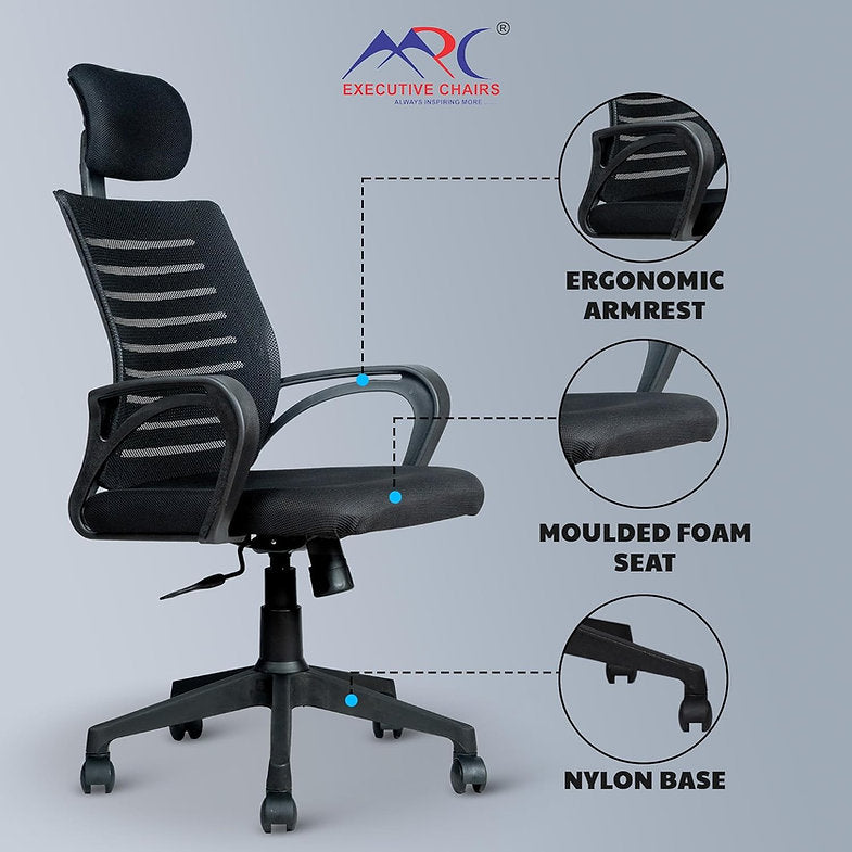 MRC Boom High-Back Office Chair | Ergonomic Desk Office Chair with Adjustable Head Rest and Revolving Heavy Duty Nylon Base - MRC Executive Chairs